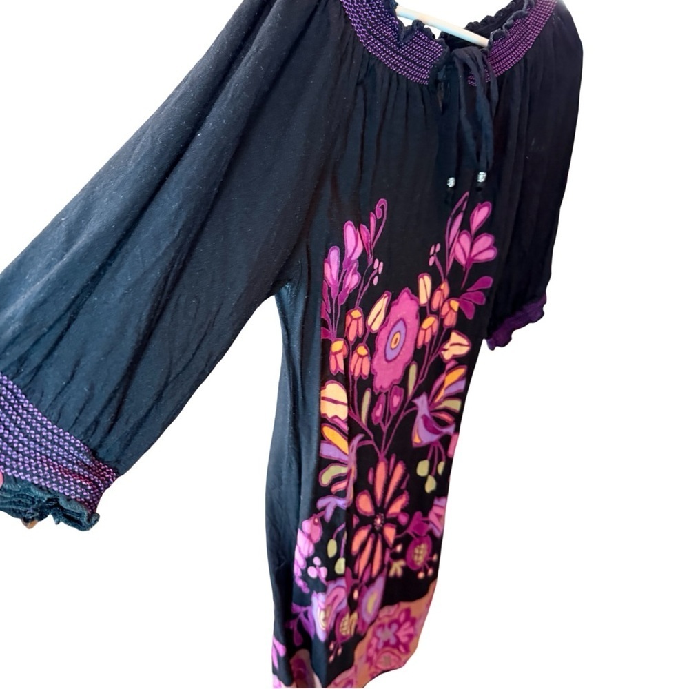 Black Boho Peasant Dress | Bird Floral Print | Smocked Neckline | Size M - Picture 5 of 11